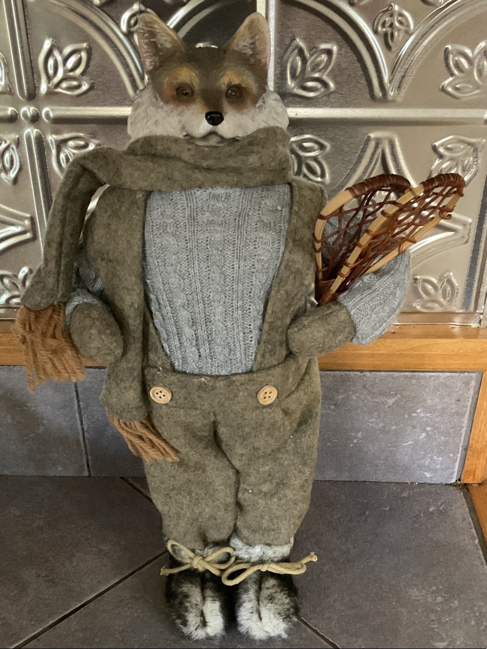 Woodland Fox Figure in Olive Green and Gray Winter Outfit